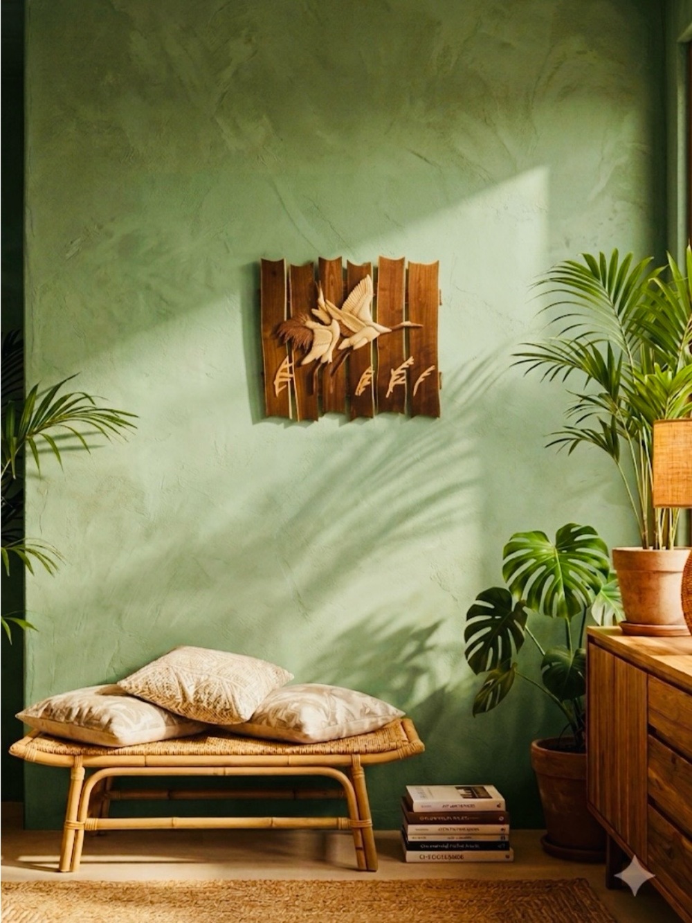 Handcrafted Brown Wooden Crane Wall Sculpture - Natural Accent
